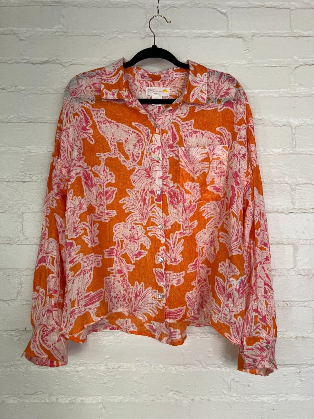 C&C California Sz Large Orange Pink Tropical Botanical Linen Button Down Blouse